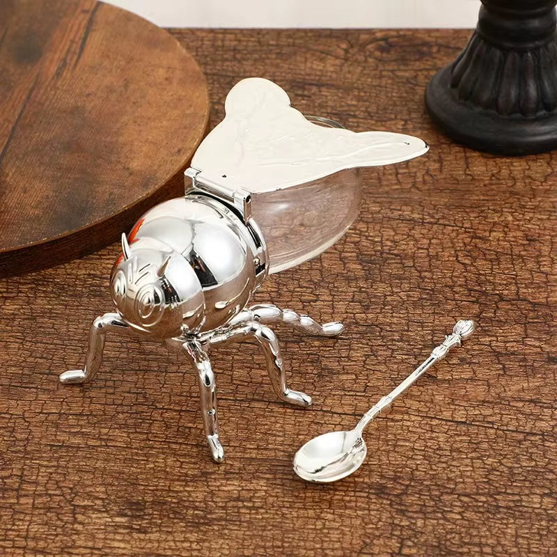 Bee Shape Honey Storage Dispense Container with Spoon Ornament Spice Seasoning Jar Home Kitchen Tool