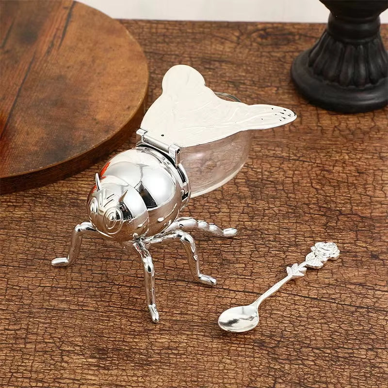 Bee Shape Honey Storage Dispense Container with Spoon Ornament Spice Seasoning Jar Home Kitchen Tool