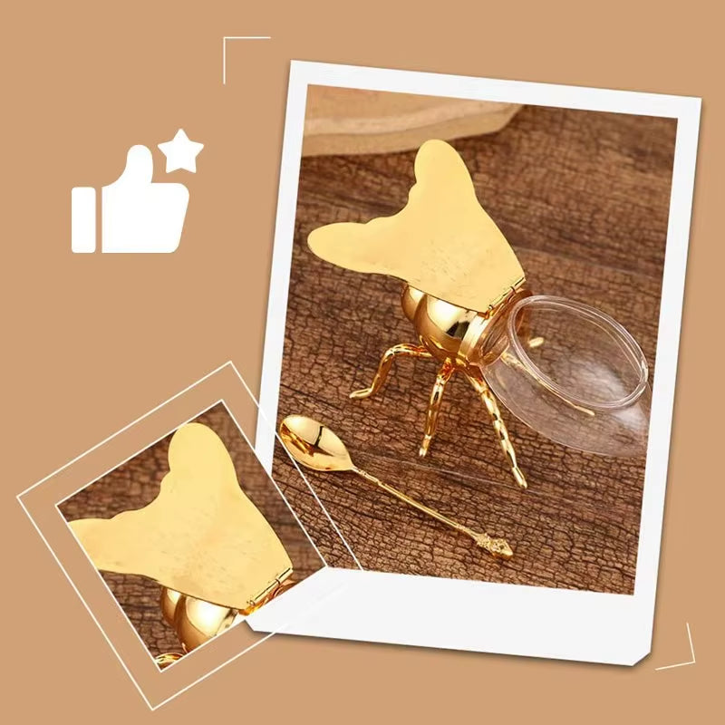 Bee Shape Honey Storage Dispense Container with Spoon Ornament Spice Seasoning Jar Home Kitchen Tool