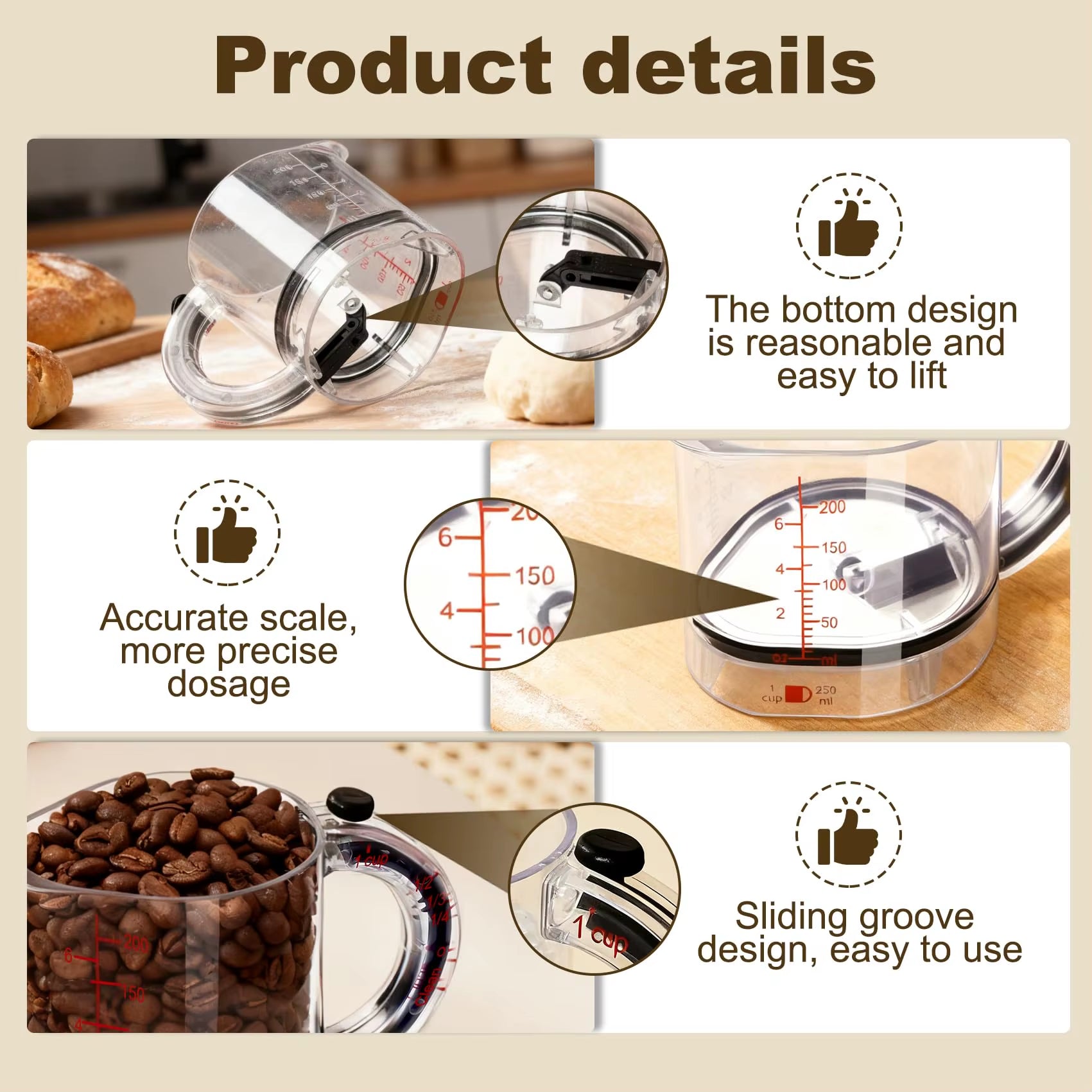 4-IN-1 Measuring Cup Adjustable Multifunctional Measuring Cup with Scraper-Style Seal Base Kitchen Cube Cups Tools for Cooking