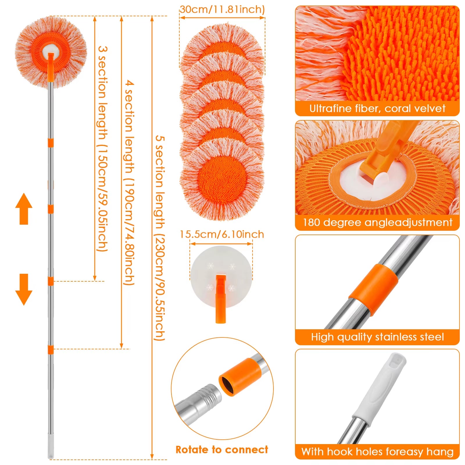 Extended Window Cleaning Kit 360° Rotatable Sunflower Mops Set Removable High-Rise Cleaning Supplies Wall Ceiling Cleaning Tool