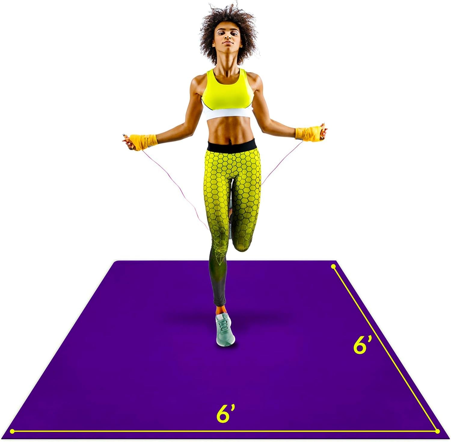 Large Exercise Mat 6 X 6 Ft 7Mm Thick Premium Square Workout Mat for Home Gym Flooring | Non-Slip Wide Rubber Mat for Fitness, Cardio, HIIT | Bonus Jump Rope and Storage Bag Included