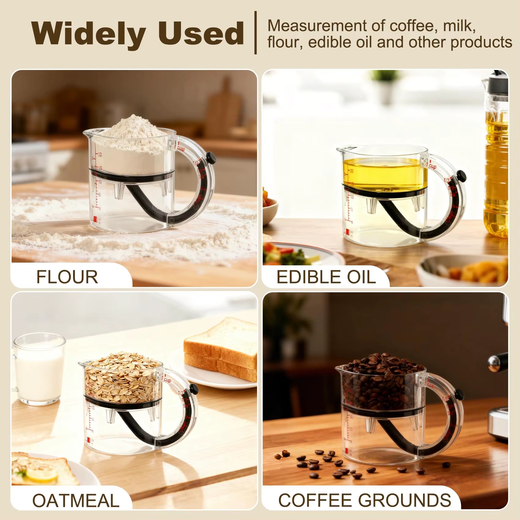 4-IN-1 Measuring Cup Adjustable Multifunctional Measuring Cup with Scraper-Style Seal Base Kitchen Cube Cups Tools for Cooking