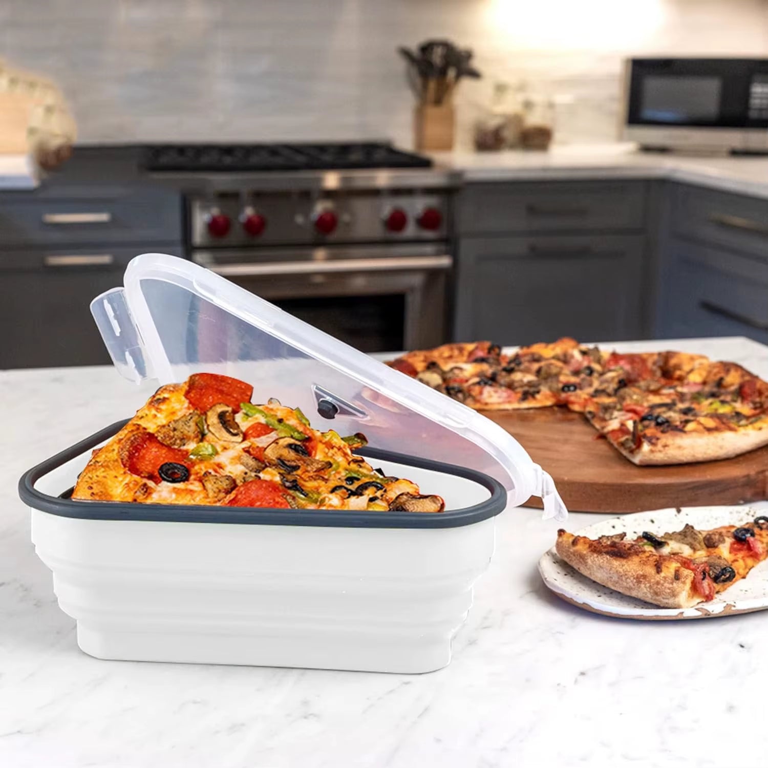 1Pc Space-Saving Silicone Pizza Storage Container with 5 Microwavable Serving Trays - Reusable,Collapsible Design