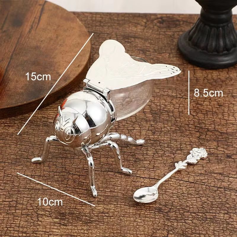 Bee Shape Honey Storage Dispense Container with Spoon Ornament Spice Seasoning Jar Home Kitchen Tool