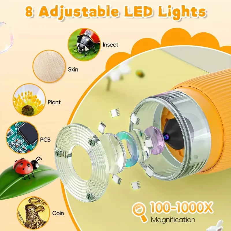 Children'S Digital Microscope with High-Definition Display Screen, 1000X Magnification, LED Light, Camera, and Video Yellow