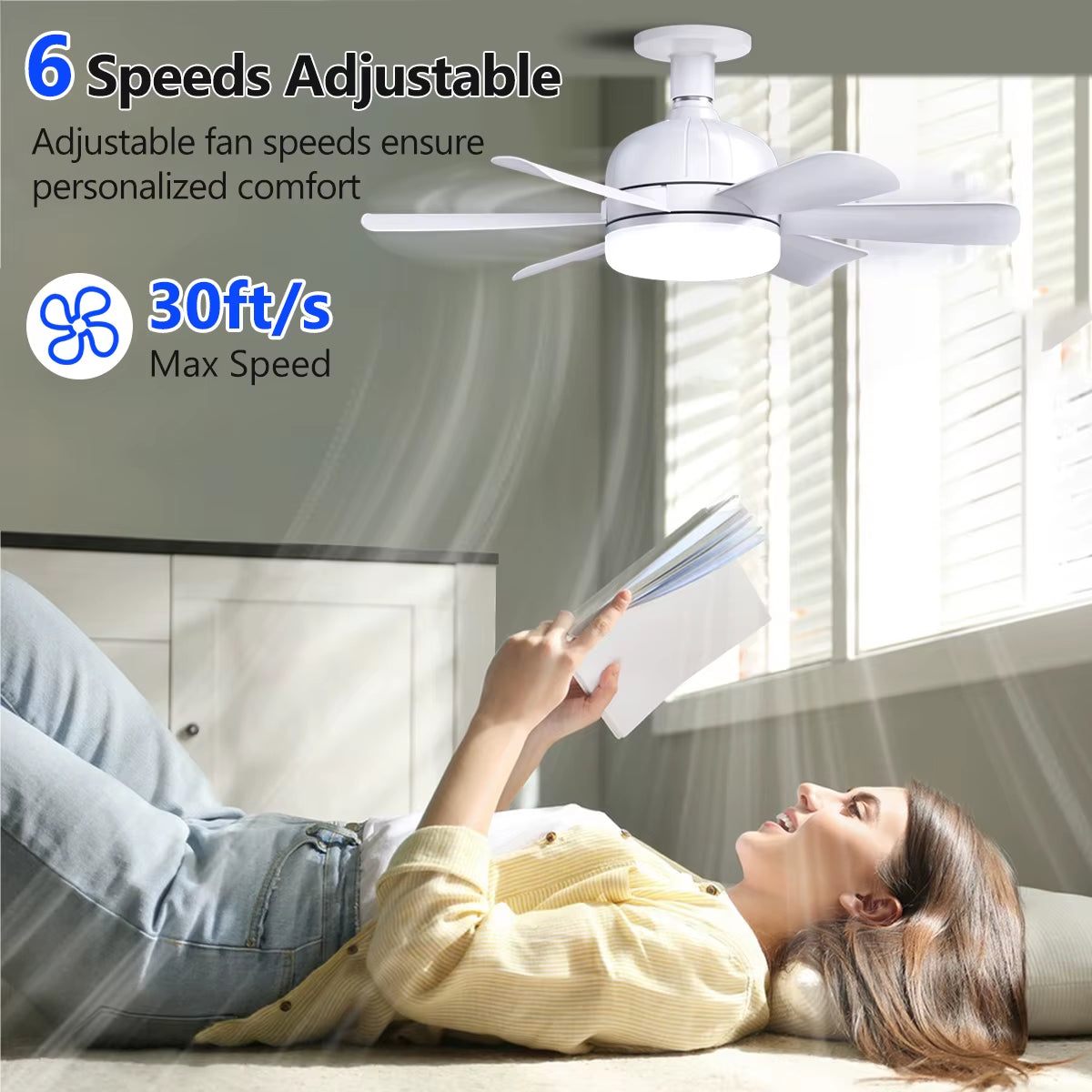 2-IN-1 Socket Fan Lights with Remote, Timing Funtion, 3 Color Temperature&6 Speeds, E26/E27 Bulb Ceiling Fans Lamps for Room